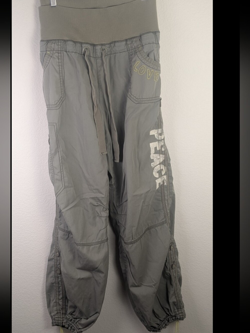 VTG Y2K Gap Olive Green Cargo Track Pants Peace Print Baggy Extra Wide Leg XL